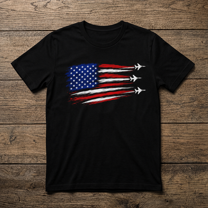 Patriotic Jet Flyover T-Shirt | American Flag Fighter Jets Graphic Unisex Tee