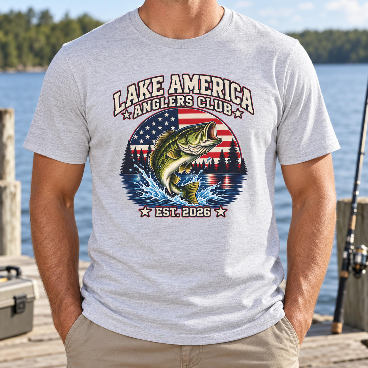 Lake America Anglers Club shirt gray chest close-up