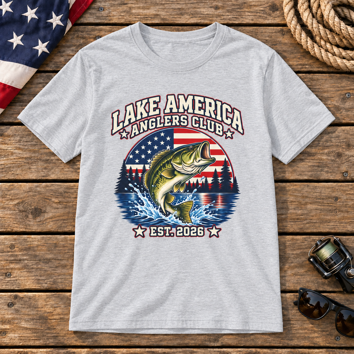 Lake America Anglers Club shirt gray wooden dock mockup