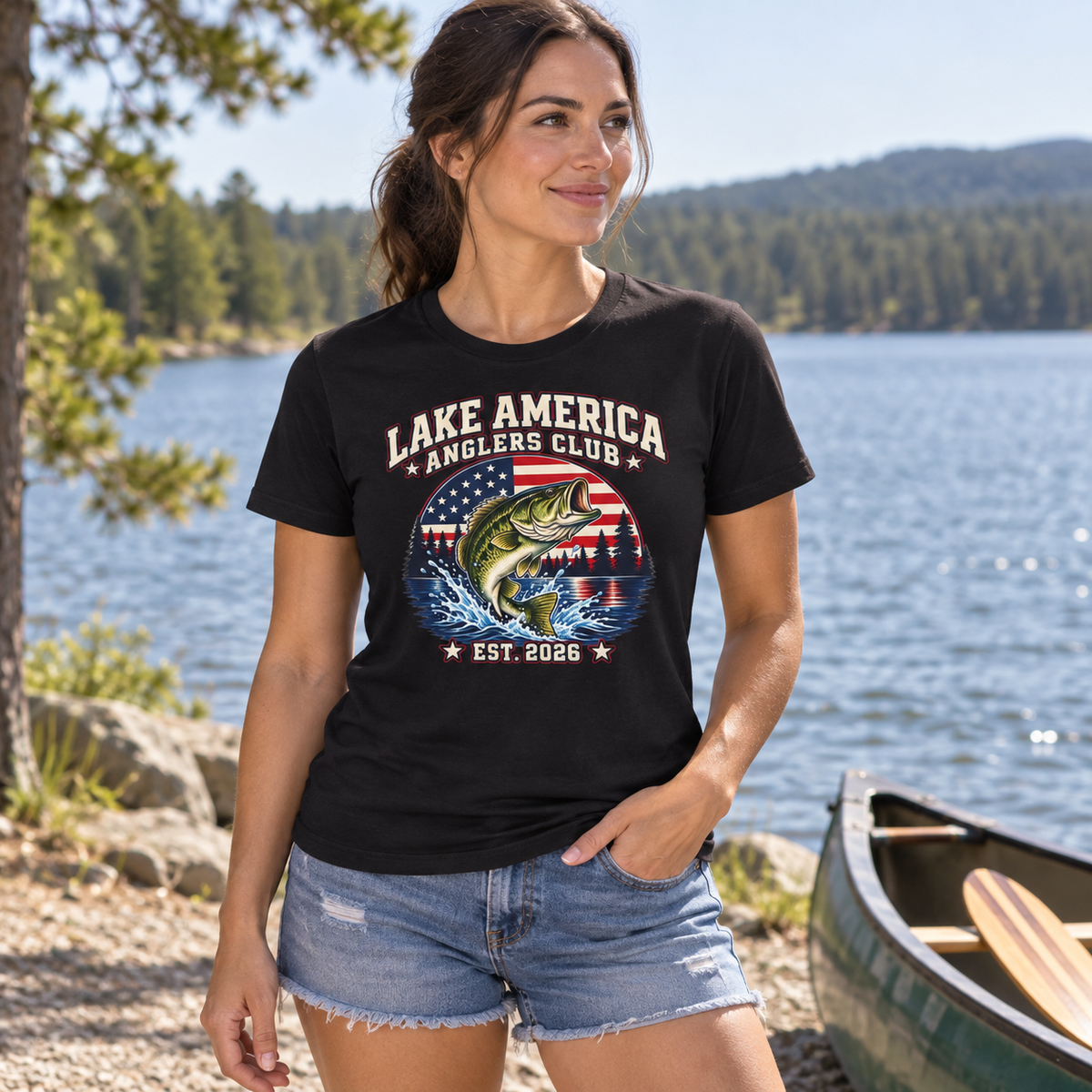 Lake America Anglers Club shirt black lakeside lifestyle mockup