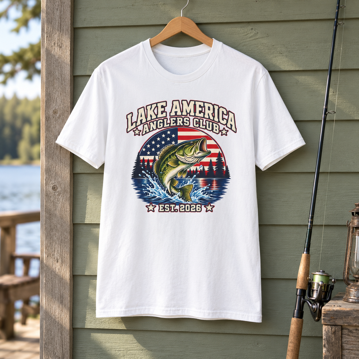 Lake America Anglers Club shirt white hanging shirt mockup