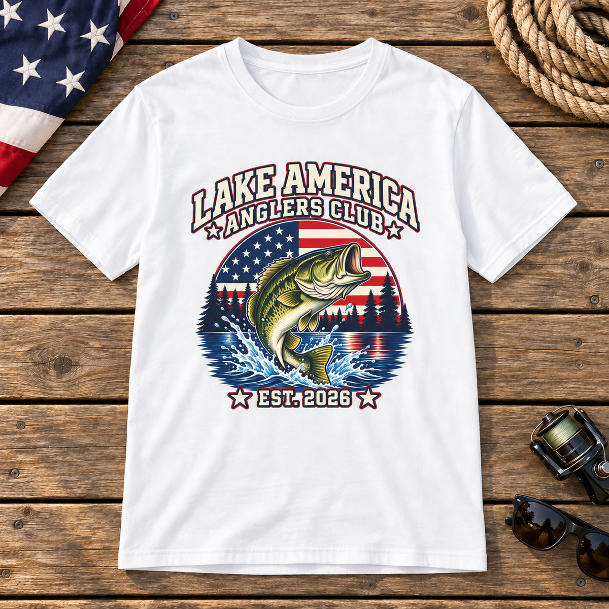 Lake America Anglers Club white shirt on a wooden dock with nautical props