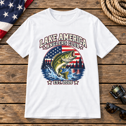 Lake America Anglers Club white shirt on a wooden dock with nautical props