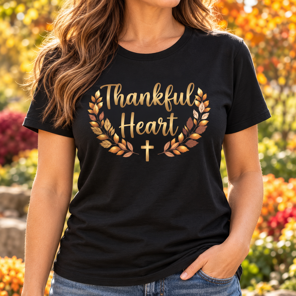 Black Thankful Heart Shirt — faceless female chest close-up neck to hips in a garden, no outer layer covering art