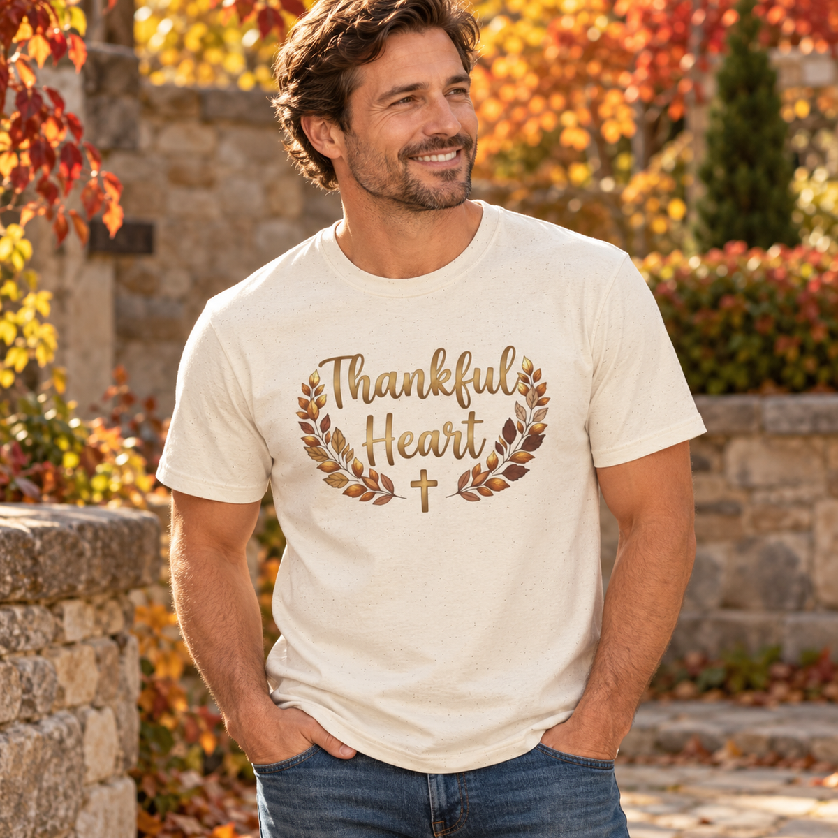 Natural Thankful Heart Shirt — adult man head to upper thighs in a stone garden courtyard with fall foliage