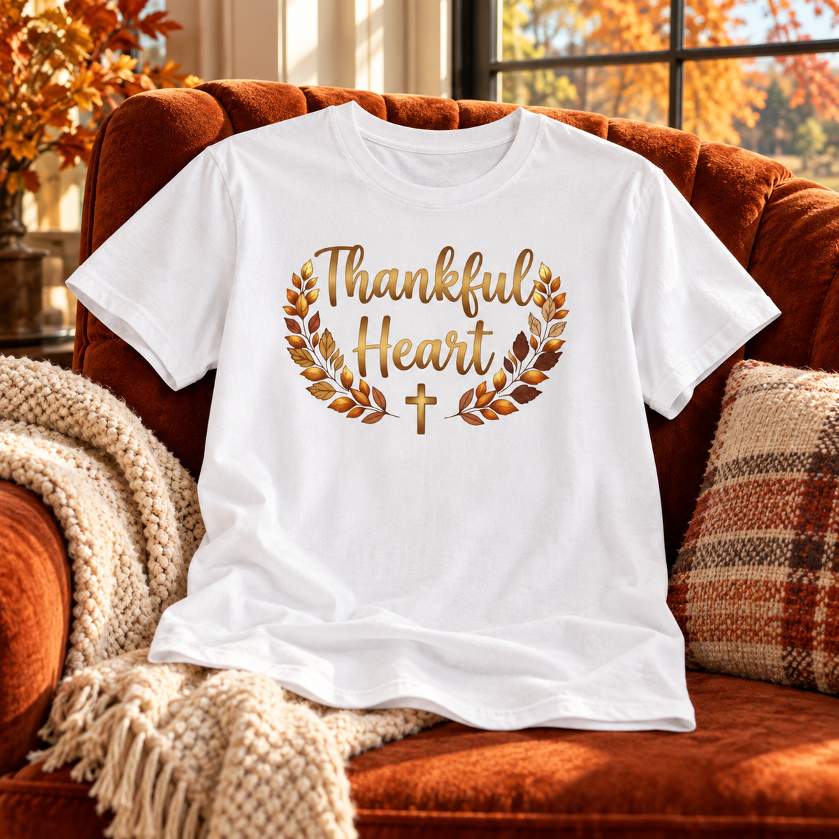 White Thankful Heart Shirt — no person, shirt arranged front fully visible across a rust velvet chair by a window with autumn view