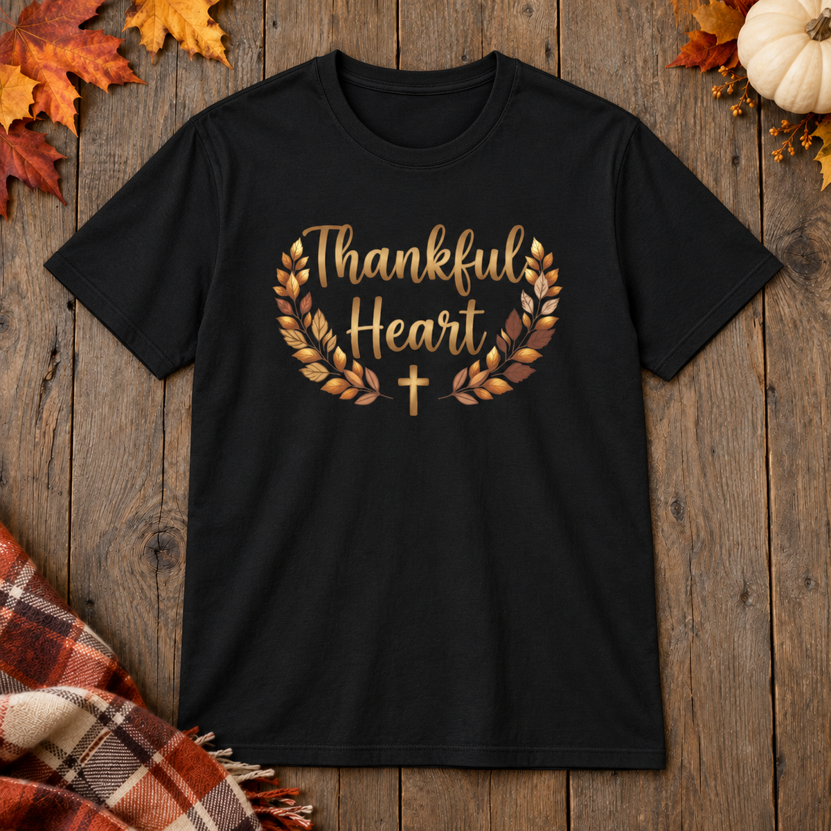 Black Thankful Heart Shirt on the shared autumn wooden background