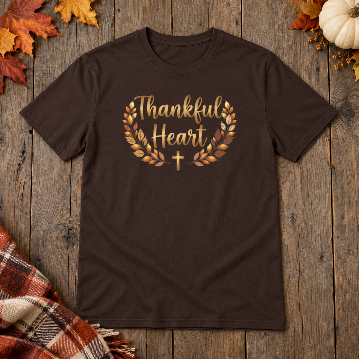 Dark Brown Thankful Heart Shirt on the shared autumn wooden background