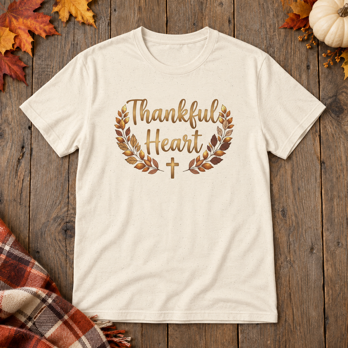 Natural Thankful Heart Shirt on the shared autumn wooden background