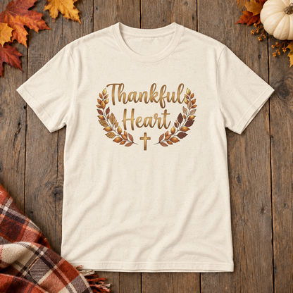 Natural Thankful Heart Shirt on the shared autumn wooden background