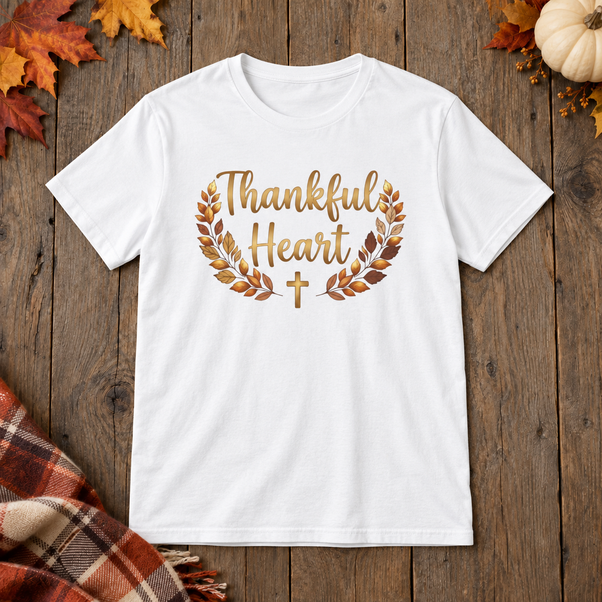 White Thankful Heart Shirt on the shared autumn wooden background
