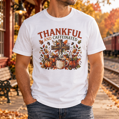 White Thankful and Caffeinated Shirt — faceless male chest close-up neck to hips by a vintage railway station with autumn foliage