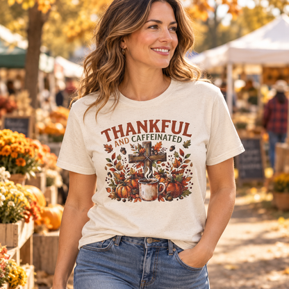 Natural Thankful and Caffeinated Shirt — adult woman head to upper thighs walking a small autumn farmers market, simple distant stalls