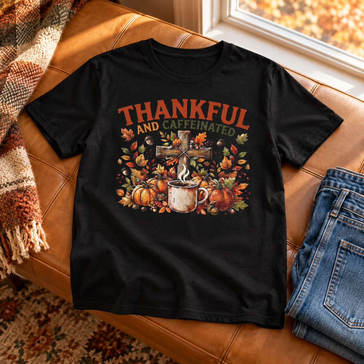 Black Thankful and Caffeinated Shirt — no person, shirt neatly laid front visible on a tan leather bench beside folded blue denim, autumn window light