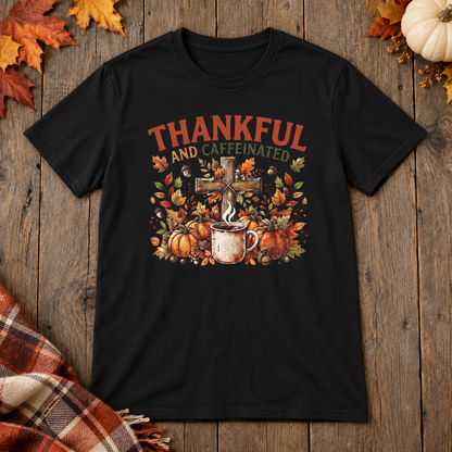 Black Thankful and Caffeinated Shirt on the shared autumn wooden background