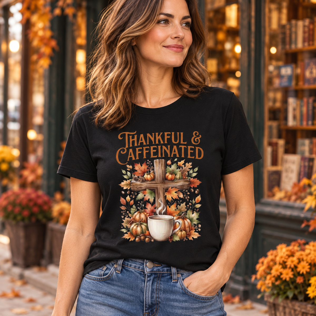 Black Thankful & Caffeinated Shirt — adult woman head to hips outside a charming vintage bookstore, blurred windows, no readable signs