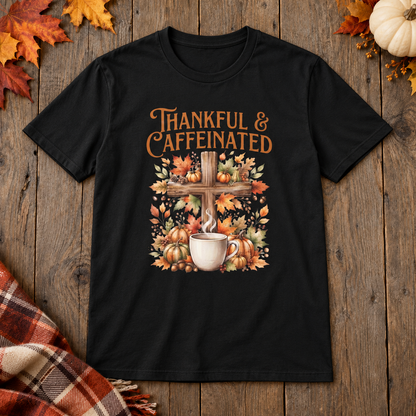 Black Thankful & Caffeinated Shirt on the shared autumn wooden background