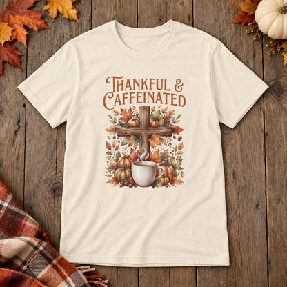 Natural Thankful & Caffeinated Shirt on the shared autumn wooden background