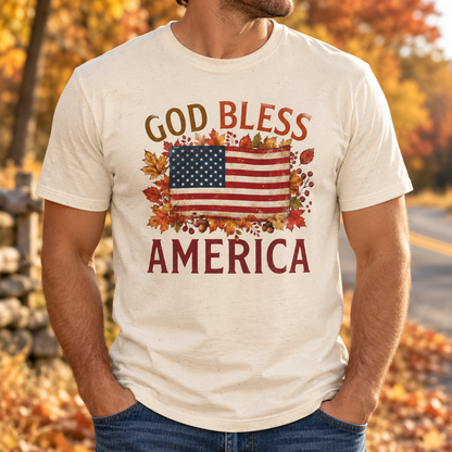 Natural God Bless America Shirt — faceless male chest close-up cropped from neck to hips, autumn roadside background softly blurred