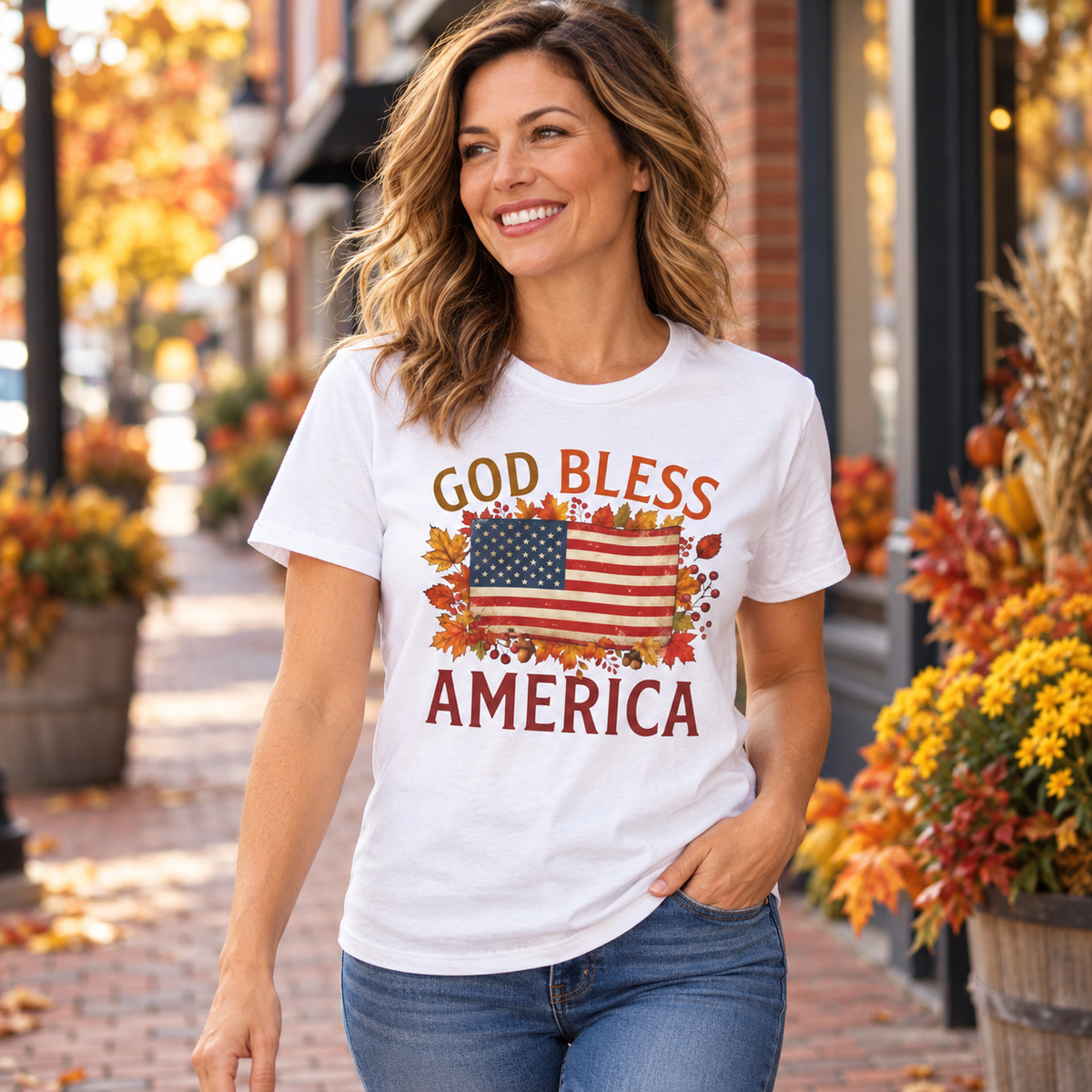 White God Bless America Shirt — smiling adult woman, head to upper thigh, strolling a brick main street with autumn planters