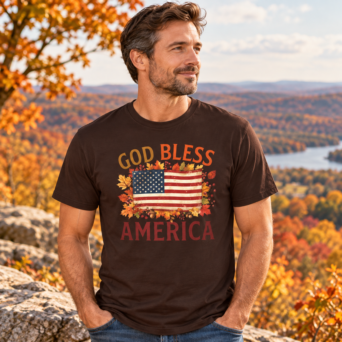 Dark Brown God Bless America Shirt — adult man head to hips at a scenic autumn overlook, relaxed hands away from chest