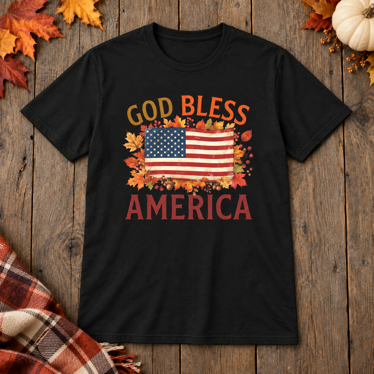 Black God Bless America Shirt on the shared autumn wooden background