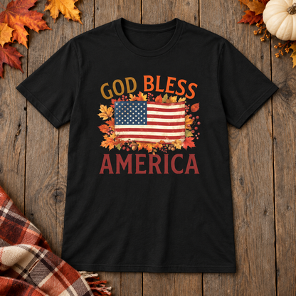Black God Bless America Shirt on the shared autumn wooden background