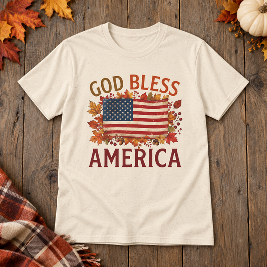 Natural God Bless America Shirt on the shared autumn wooden background