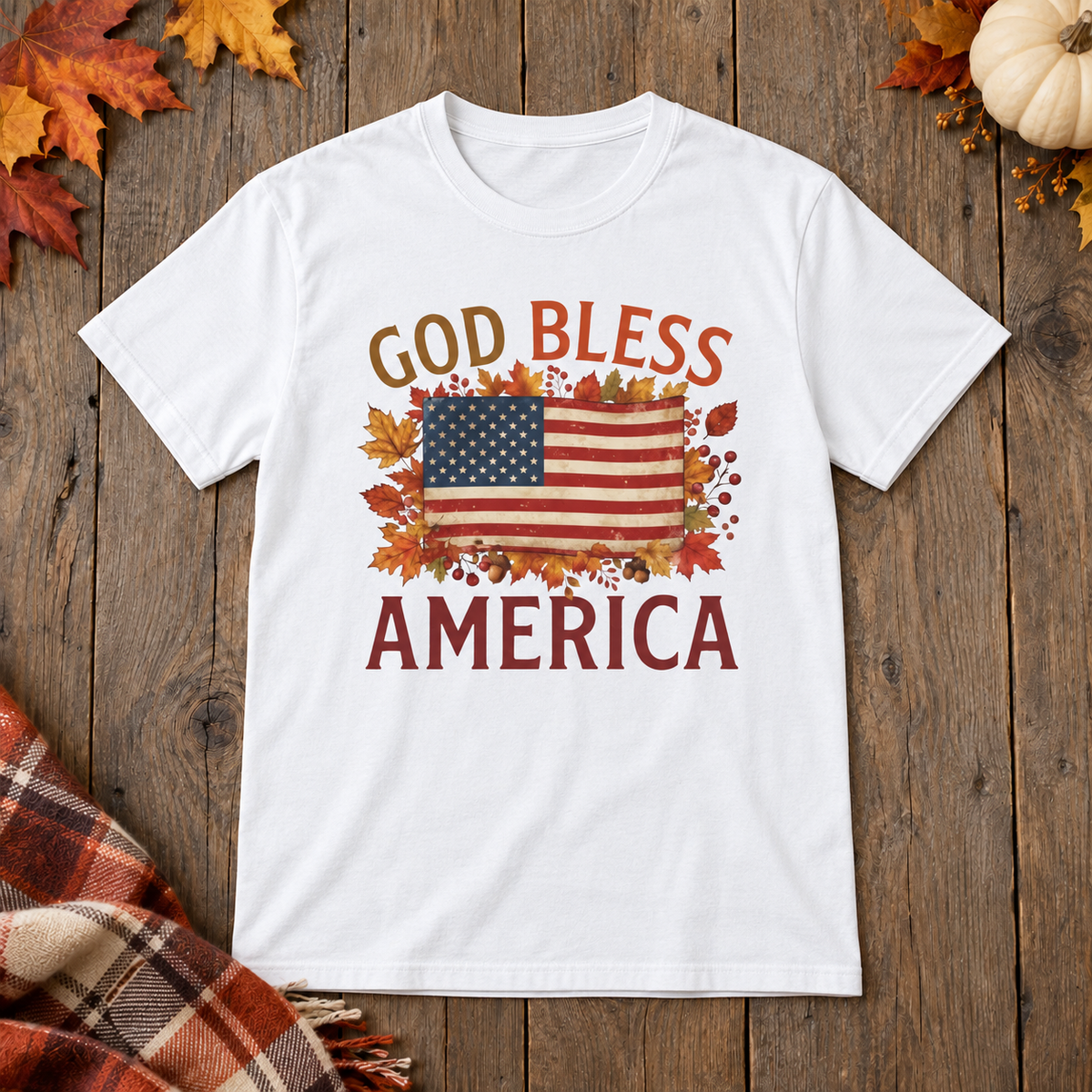 White God Bless America Shirt on the shared autumn wooden background