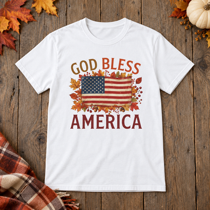 White God Bless America Shirt on the shared autumn wooden background