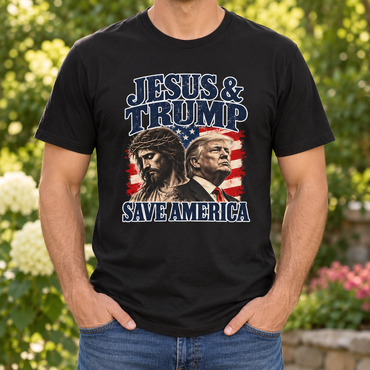 Jesus & Trump Save America Shirt | Patriotic Christian T-Shirt | Unisex Tee — chest close-up