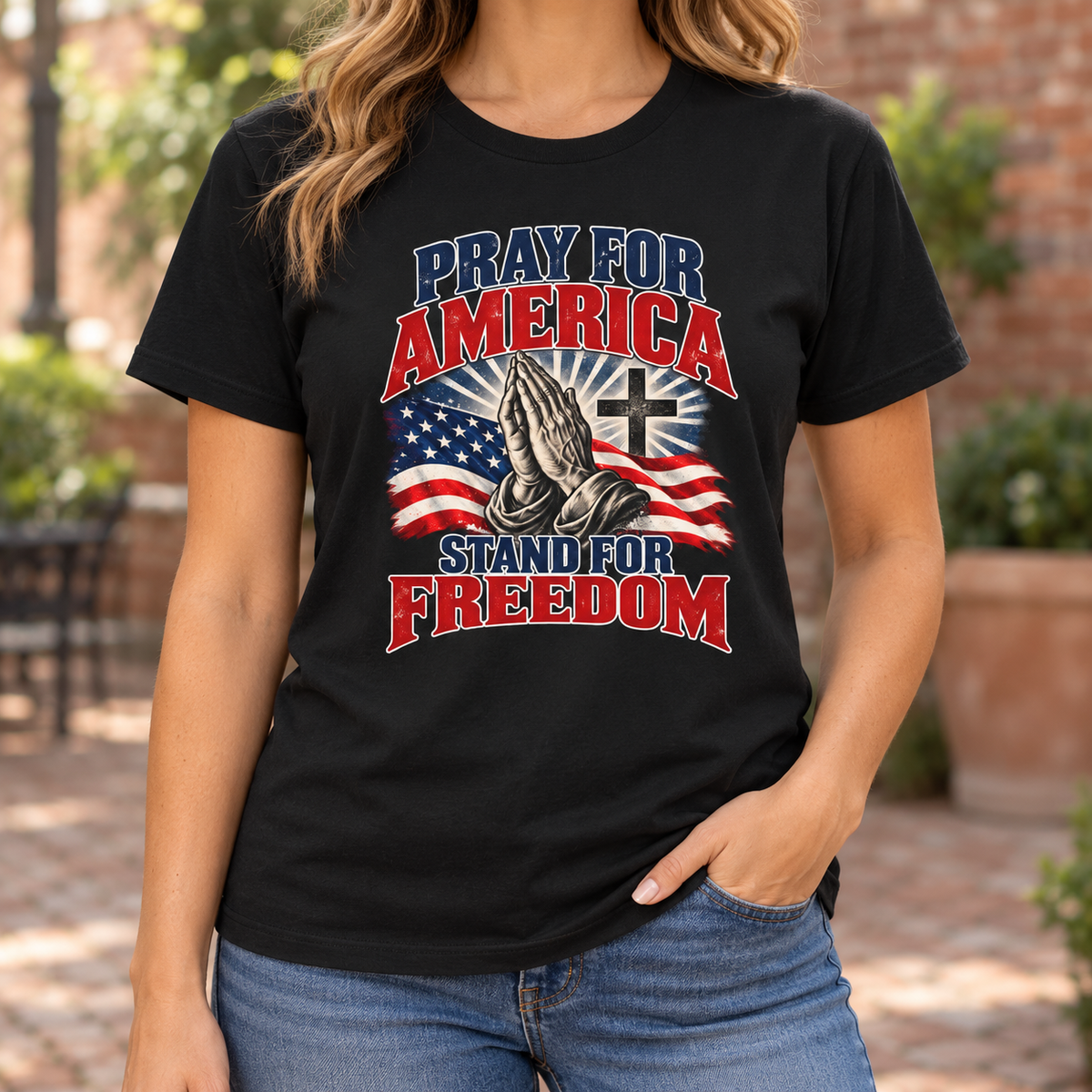 Pray for America Shirt | Stand for Freedom Christian T-Shirt | Unisex Tee — chest close-up