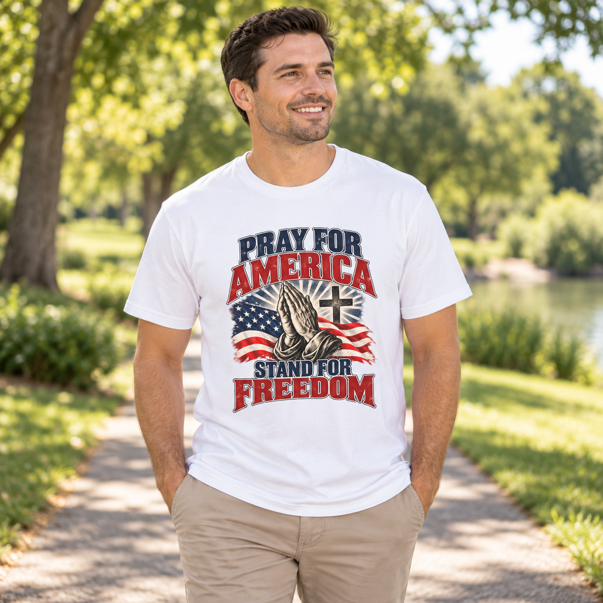 Pray for America Shirt | Stand for Freedom Christian T-Shirt | Unisex Tee — lifestyle mockup