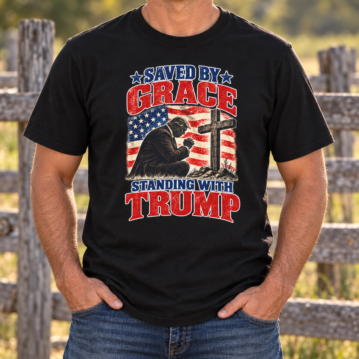 Saved by Grace Standing with Trump Shirt | Christian Patriotic T-Shirt | Unisex Tee — chest close-up
