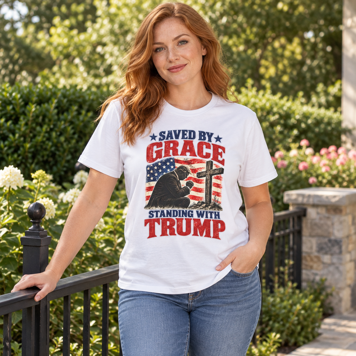 Saved by Grace Standing with Trump Shirt | Christian Patriotic T-Shirt | Unisex Tee — lifestyle mockup