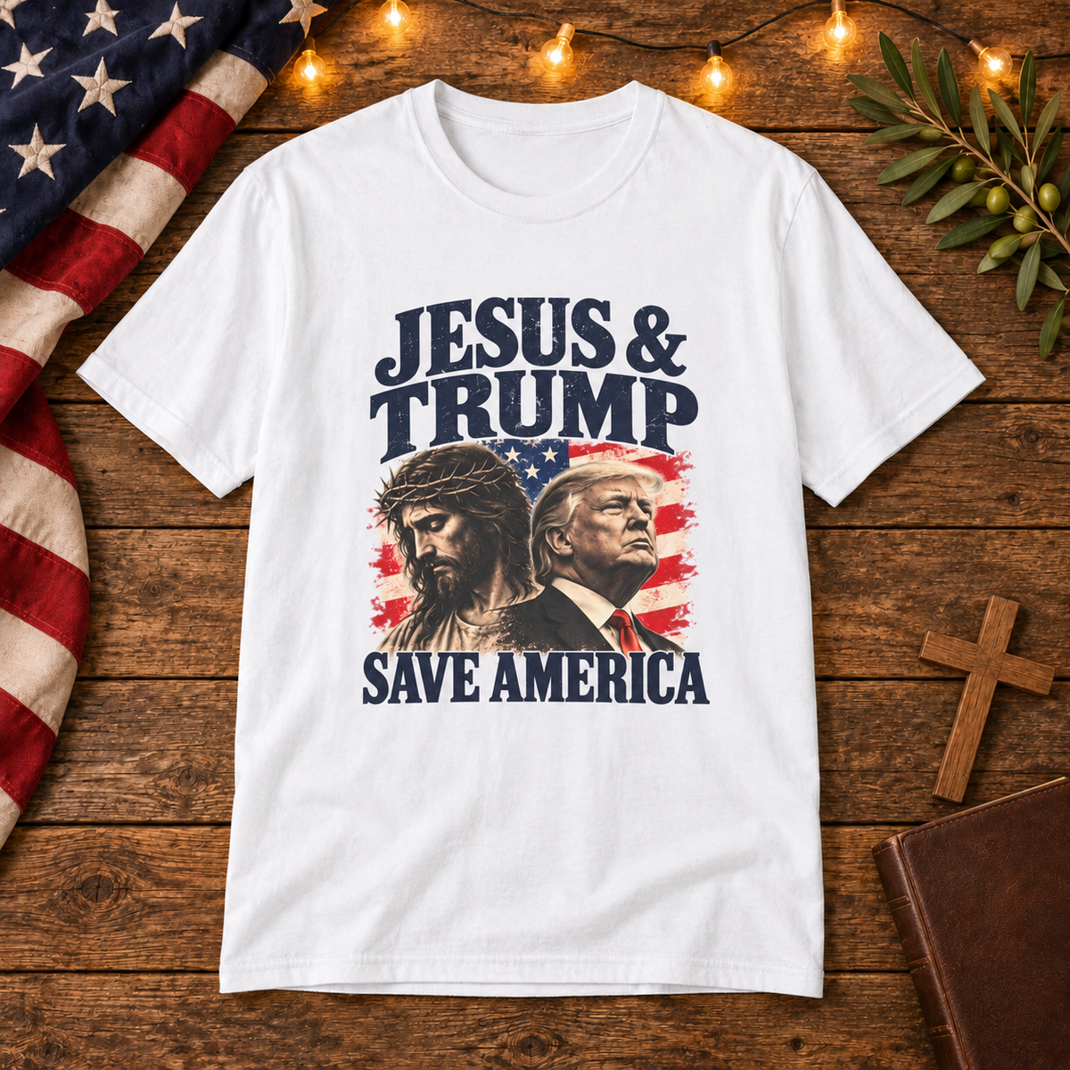 Jesus & Trump Save America T-Shirt on Christian American wooden background