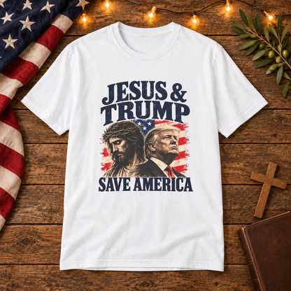 Jesus & Trump Save America T-Shirt on Christian American wooden background
