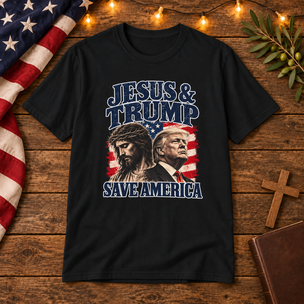 Jesus & Trump Save America T-Shirt on Christian American wooden background