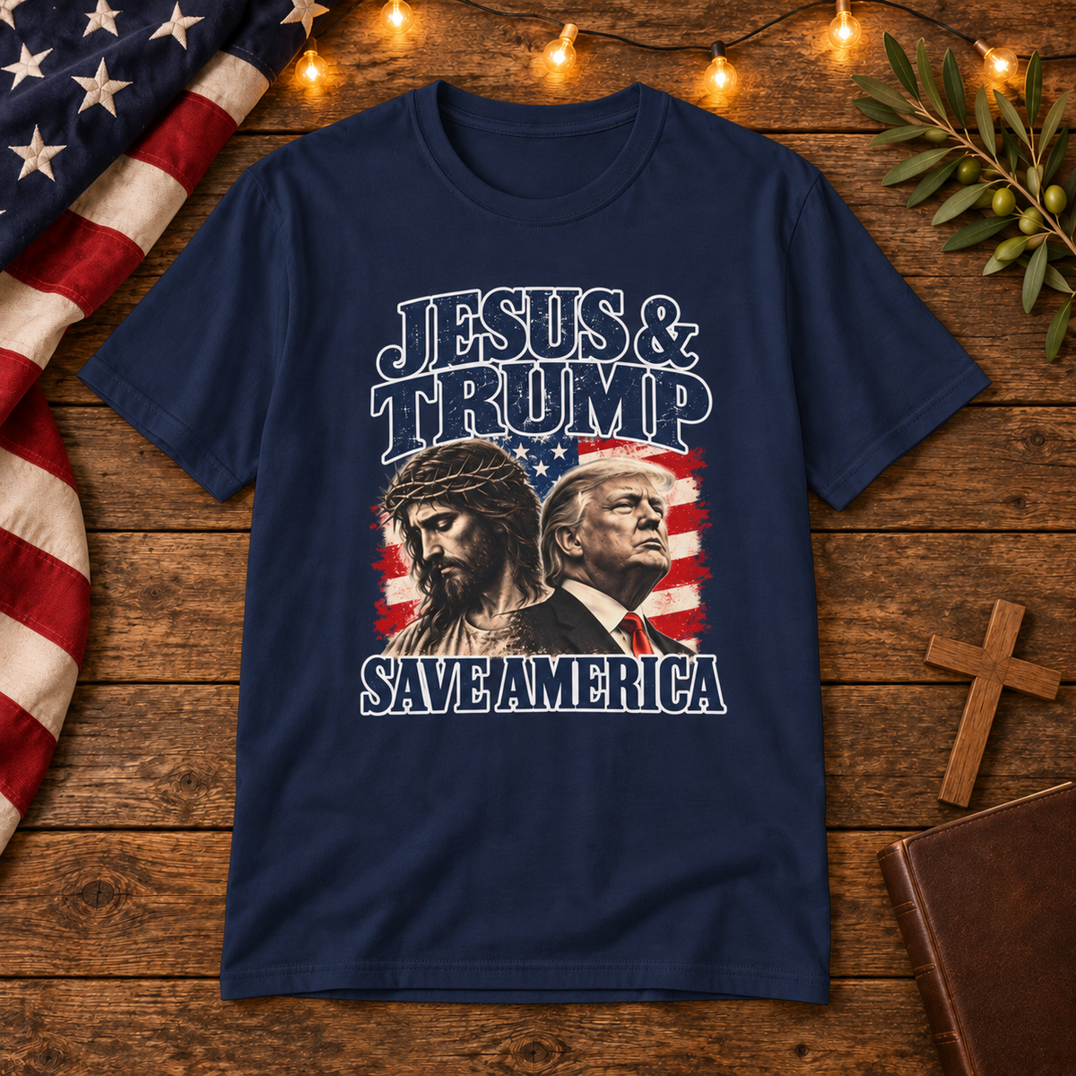 Jesus & Trump Save America T-Shirt on Christian American wooden background
