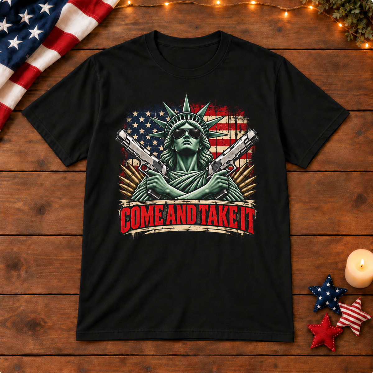 come and take it shirt in black on patriotic wooden background
