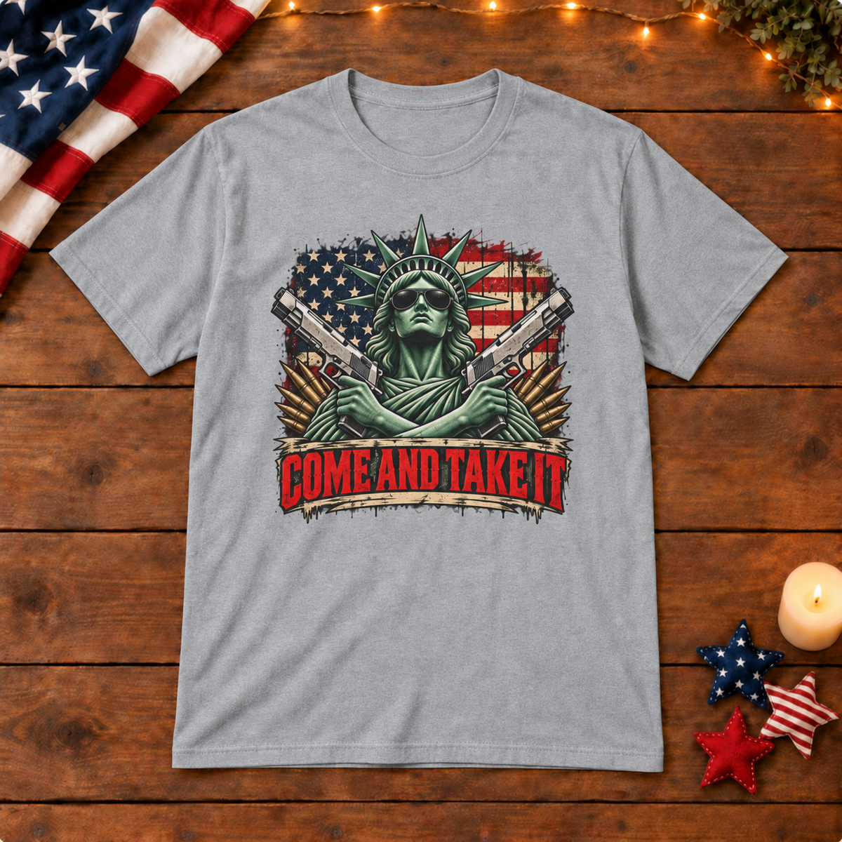 come and take it shirt in gray on patriotic wooden background