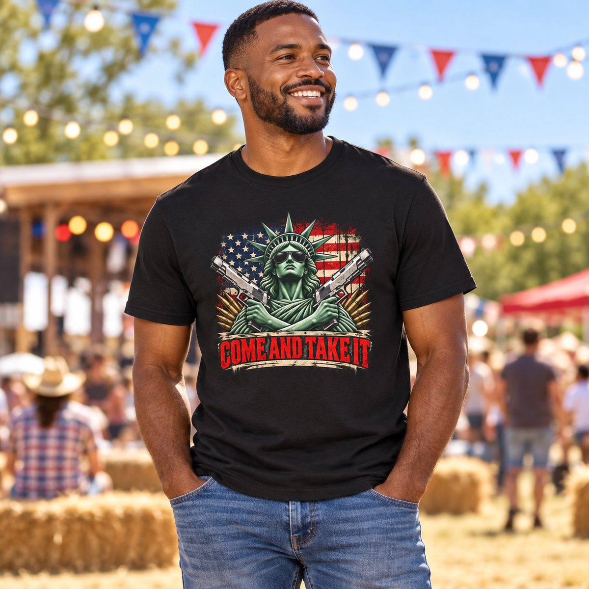 come and take it shirt male lifestyle mockup