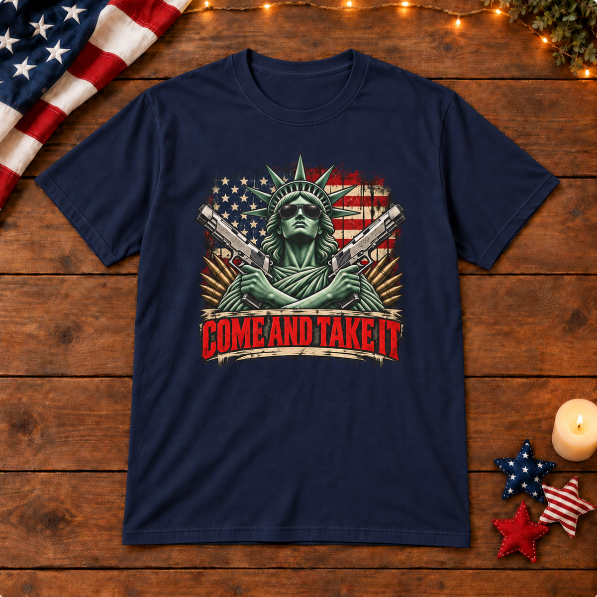 come and take it shirt in navy-blue on patriotic wooden background