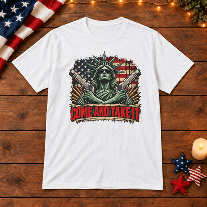 come and take it shirt in white on patriotic wooden background
