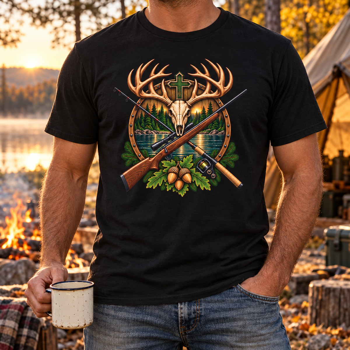 Deer skull cross hunting and fishing shirt — chest mockup