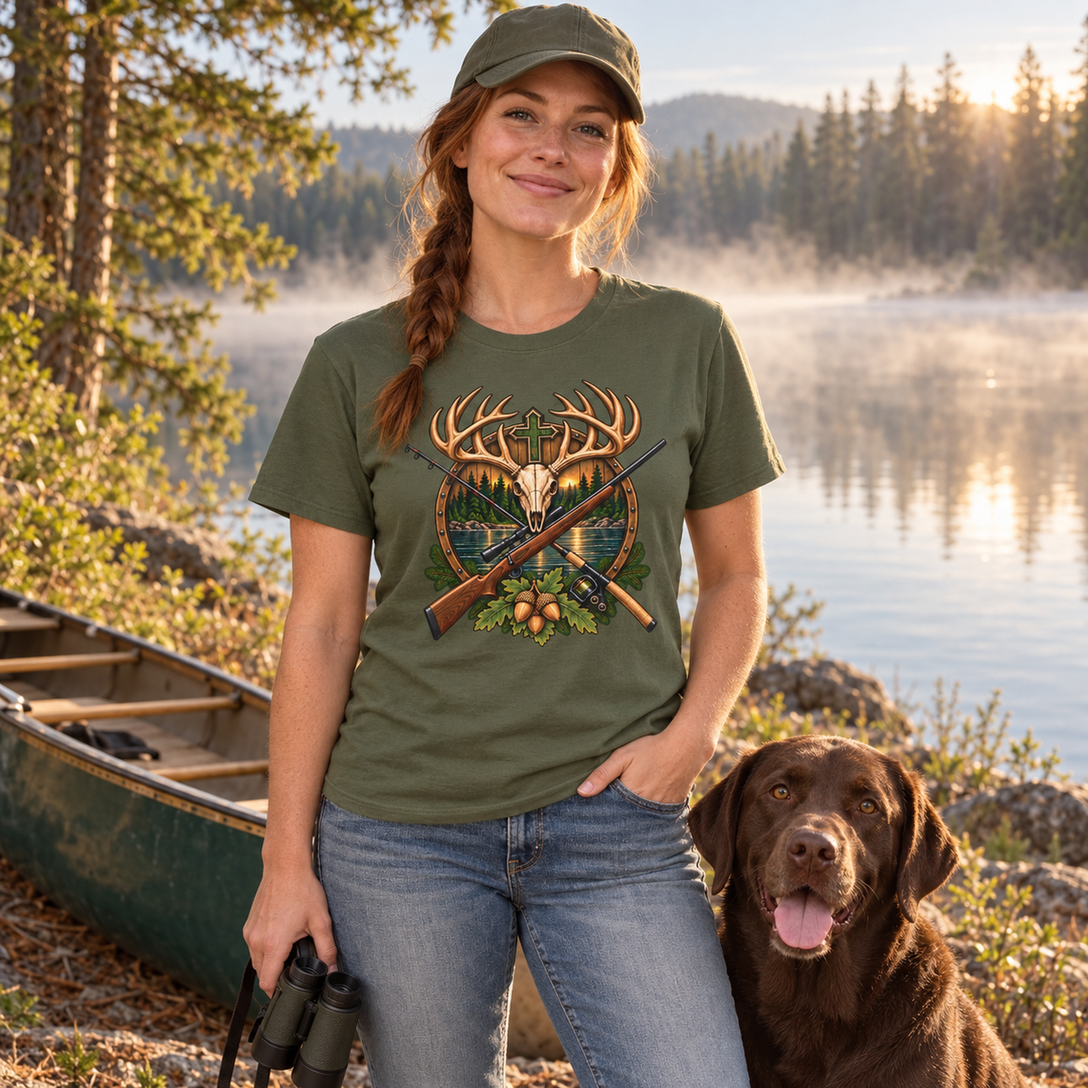 Deer skull cross hunting and fishing shirt — lifestyle mockup