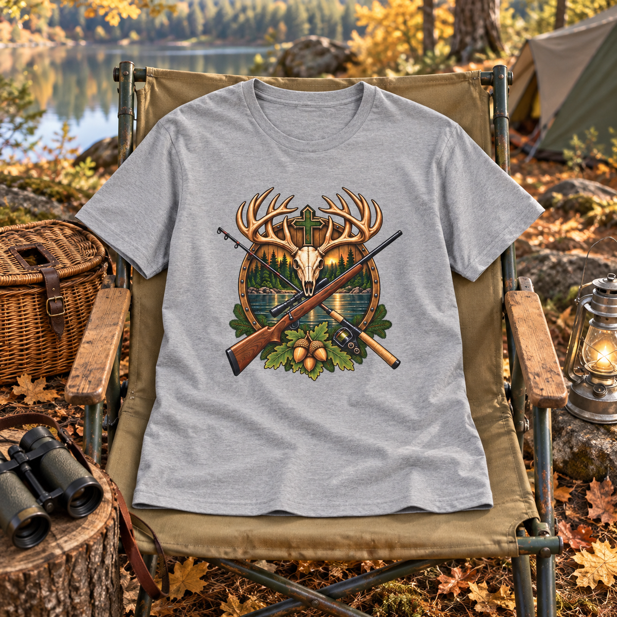 Deer skull cross hunting and fishing shirt — shirt only mockup