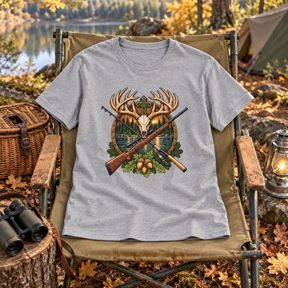 Deer skull cross hunting and fishing shirt — shirt only mockup