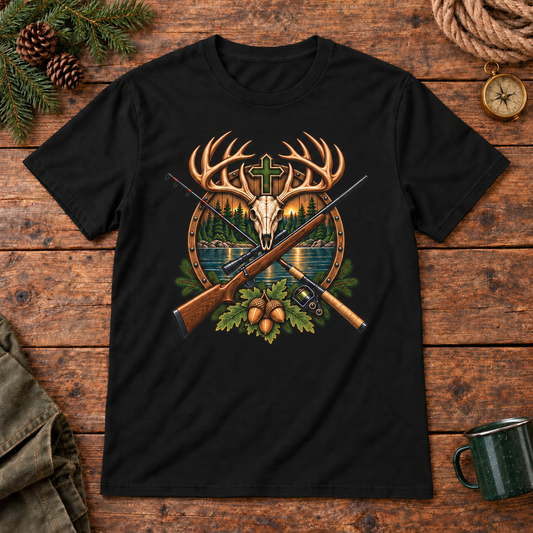 Deer skull cross hunting and fishing shirt — wood black mockup
