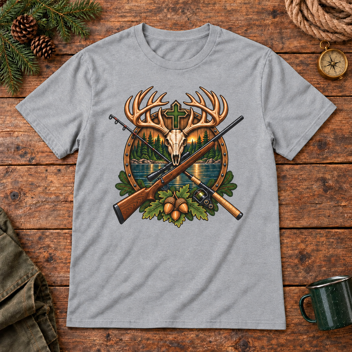 Deer skull cross hunting and fishing shirt — wood gray mockup